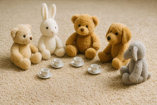 A charming tea party setup with stuffed animals sitting in a circle around toy teacups on a soft carpet. Ideal for children’s playtime, imagination themes, or nursery decoration visuals