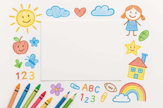 Colorful childlike drawing frame with doodles of sun, clouds, rainbow, and school symbols on a white background. Ideal for educational materials, kids’ art themes, or playful learning visuals