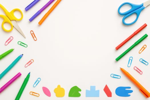Flat lay of assorted school stationery including pens, scissors, paper clips, and fun shapes on a clean white background. Ideal for educational, creative, or promotional uses
