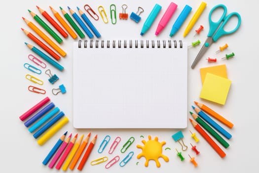 Flat lay of colorful school supplies like pencils, scissors, markers, and clips arranged around an open spiral notebook on a white background. Great for educational and creative use