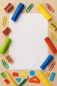 Bright school supplies including glue sticks, pencils, sharpeners, and paper clips neatly arranged on a wooden table. Perfect for education themes, learning concepts, and creative school designs