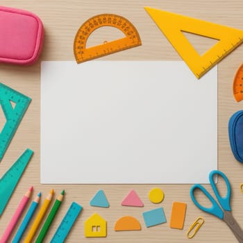 Flat lay of colorful geometry tools, rulers, scissors, and pencils arranged on a wooden background. Perfect for classroom content, school advertisements, or educational design projects