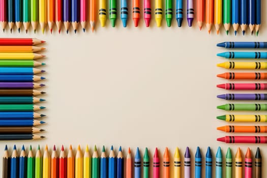 Flat lay of vibrant colored pencils and wax crayons arranged in a square frame on a beige background. Perfect for creative, educational, or artistic visuals and back-to-school designs