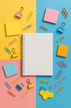 Colorful flat lay of a spiral notebook and assorted stationery items like sticky notes, clips, and binders arranged on a multicolored geometric background. Ideal for school, planning, or design use