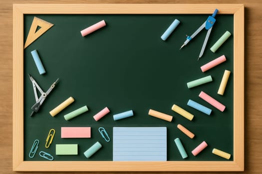 Top view of a school chalkboard surrounded by colorful chalks, drawing compasses, and small stationery items. Perfect for classroom content, back-to-school promotions, or learning visuals