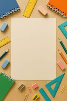 Flat lay of school supplies like pencils, rulers, notebooks, erasers, and sharpeners arranged around a blank paper on a wooden table. Ideal for education themes, lesson plans, and creative projects