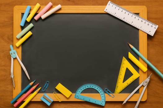 Classic blackboard surrounded by colorful chalks, rulers, compasses, pencils, and school accessories on a wooden table. Ideal for back-to-school content, education, and classroom visuals