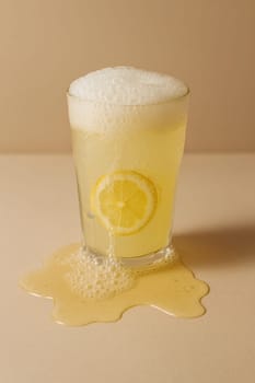 A fizzy glass of lemonade overflowing with foam and a lemon slice on a beige background. Great for refreshing drink visuals, summer designs, and beverage advertisements