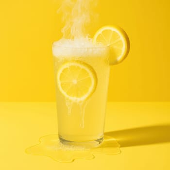 A fizzy lemon soda steaming in a clear glass with slices of lemon, placed on a vivid yellow surface. Perfect for creative ads, beverage campaigns, or conceptual summer-themed visuals