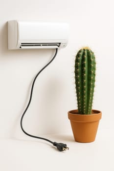 Creative minimalist composition featuring a cactus in a pot beside an unplugged wall-mounted air conditioner on a beige background. Perfect for visuals related to heat, energy use, climate concepts