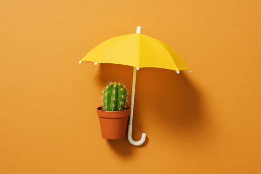 Minimalist conceptual image of a cactus in a flowerpot shielded by a yellow umbrella on an orange background. Great for illustrating climate protection, summer themes, and abstract creative ideas.