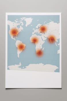 World map infographic with bright red-orange concentric heat zones highlighting global warming and climate crisis areas. Useful for environmental reports, data visualization, and awareness campaigns