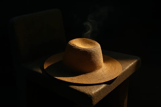 A straw summer hat emits rising smoke while resting on a textured chair in dramatic lighting. A powerful symbolic image representing heat stress, sun exposure, or climate-related themes