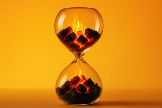 A surreal glass hourglass containing glowing burning coals with flames in place of sand. Ideal for illustrating energy consumption, heat, time pressure, climate change, or symbolic editorial content
