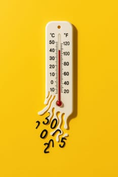 White thermometer with melting shape and fallen numbers on a vibrant yellow background. A powerful visual metaphor of heatwaves, climate emergency, global warming. Perfect for impactful editorial use