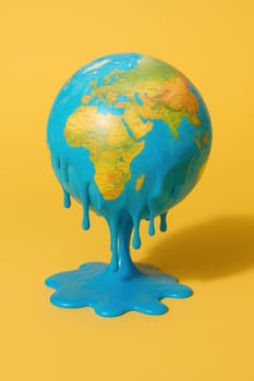Melting world globe dripping blue liquid on a vibrant yellow background. A striking concept image symbolizing global warming, climate emergency, and the environmental impact of rising temperatures