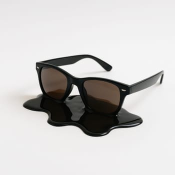 Black sunglasses melting on a minimal white background. A bold and surreal summer concept image ideal for visualizing heatwaves, rising temperatures, seasonal fashion, and environmental issues