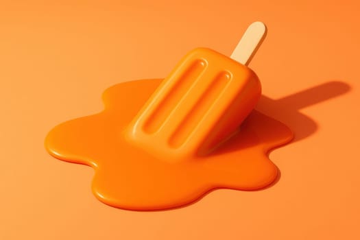 Bright orange popsicle melting on a seamless orange background. A minimalist and symbolic summer concept image ideal for themes of heat, refreshment, climate impact, or seasonal advertising