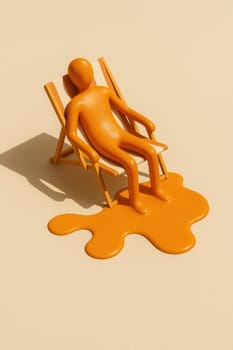 Abstract orange human figure melting in a deck chair on a beige background. Surreal and minimal concept image symbolizing heat exhaustion, global warming, or extreme summer conditions