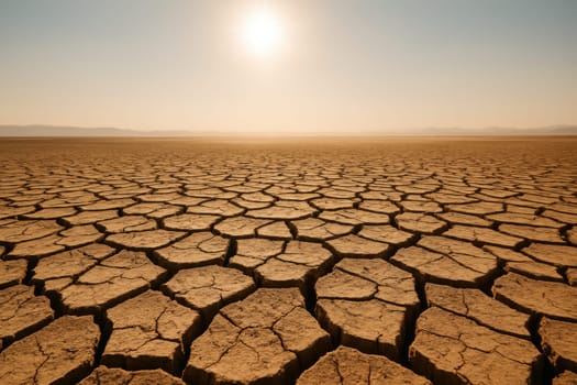 A vast cracked landscape of dry earth under the blazing sun. Ideal for illustrating concepts of drought, global warming, heatwaves, climate crisis, or extreme weather conditions in arid regions