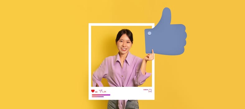 A smiling influencer is posing with a thumbs up gesture, framed within a playful social media template. The vibrant yellow backdrop enhances her cheerful demeanor, perfect for online engagement.