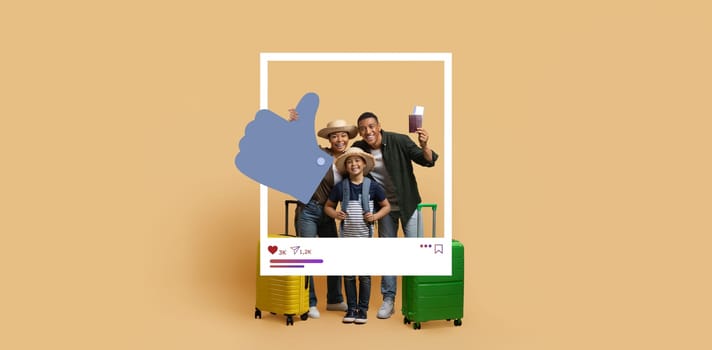 A cheerful family poses together with colorful luggage, giving a thumbs up while enjoying their travel adventure.