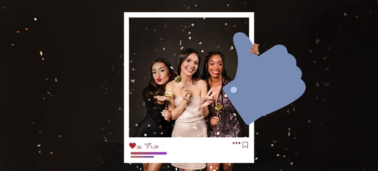 Three women pose joyfully together, showcasing their thumbs up and friendly gestures. Sparkles fill the background as they celebrate, embodying the spirit of online content creation.