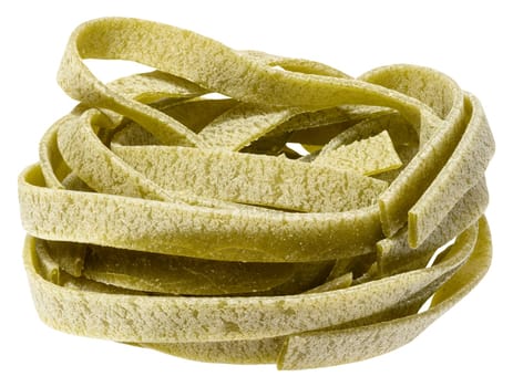 Nest of dry green egg pasta tagliatelle with spinach, isolated background