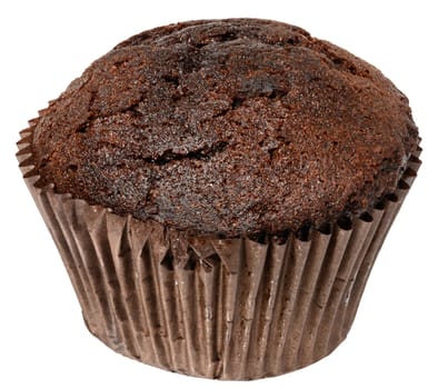 Close up of one chocolate muffin in paper form, isolated background