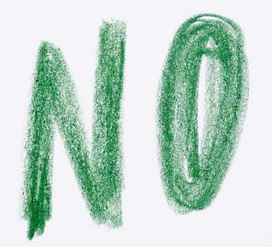 Hand-drawn green crayon word NO on white paper background. Simple and expressive text art in bold, rough strokes