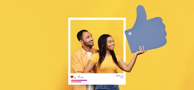 Two individuals express joy and connection, standing together against a vibrant yellow backdrop. They display enthusiasm and engagement, symbolizing social media interactions.