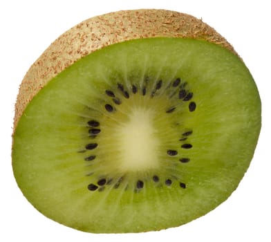 Slice kiwi fruit, isolated background. The vibrant green flesh with black seeds and fuzzy brown skin