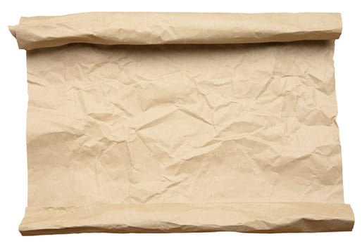 Crumpled sheet of brown kraft paper rolled into a roll at the top and bottom on an isolated background