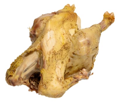 A whole boiled chicken, pale yellow in color,  isolated background, ready to be served