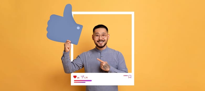 A cheerful content creator poses against a bright orange background, highlighting a thumbs up gesture.