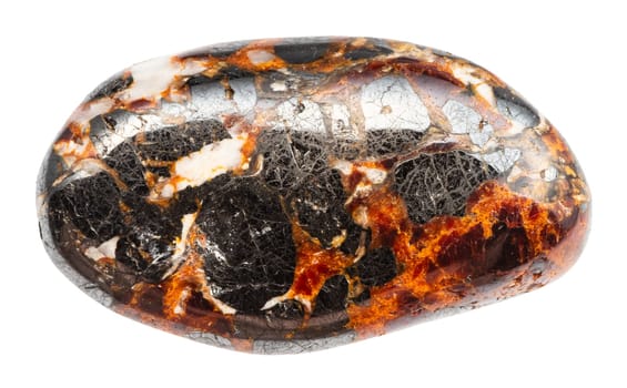 close up of sample of natural stone from geological collection - polished zincite and franklinite mineral isolated on white background