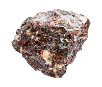 close up of sample of natural stone from geological collection - raw franklinite and zincite mineral isolated on white background