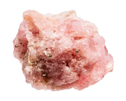 close up of sample of natural stone from geological collection - rough crystalline rhodochrosite mineral isolated on white background