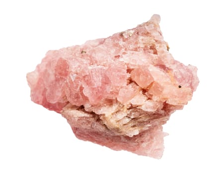 close up of sample of natural stone from geological collection - raw crystalline rhodochrosite mineral isolated on white background