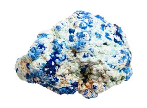 close up of sample of natural stone from geological collection - raw gibbsite and azurite mineral isolated on white background