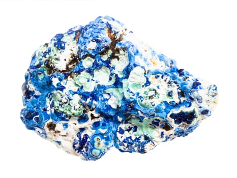 close up of sample of natural stone from geological collection - unpolished azurite and gibbsite mineral isolated on white background