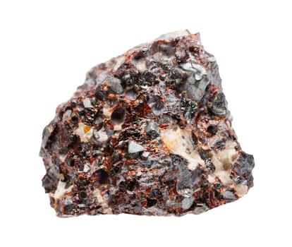 close up of sample of natural stone from geological collection - uncut zincite and franklinite mineral isolated on white background