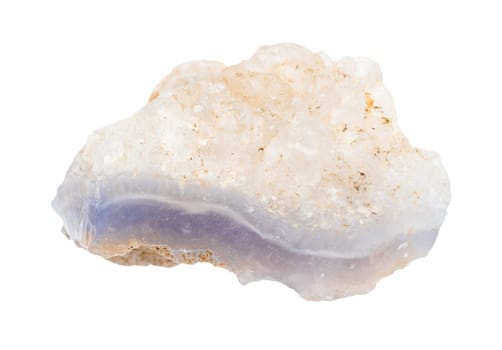 close up of sample of natural stone from geological collection - raw blue agate mineral isolated on white background