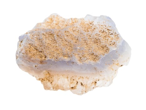 close up of sample of natural stone from geological collection - uncut blue agate mineral isolated on white background