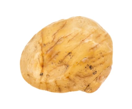 close up of sample of natural stone from geological collection - tumbled carnelian chalcedony mineral isolated on white background
