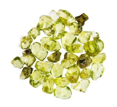 close up of sample of natural stone from geological collection - many polished peridot minerals isolated on white background