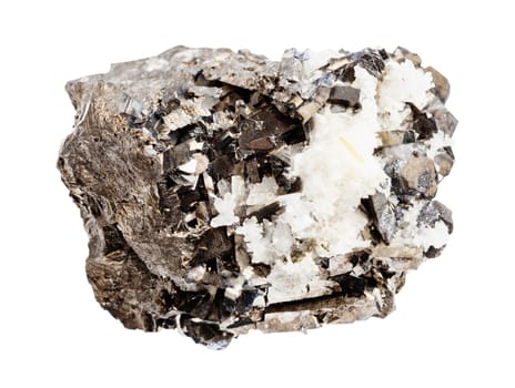 close up of sample of natural stone from geological collection - raw arsenopyrite mineral isolated on white background