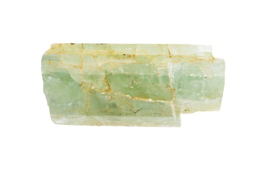 close up of sample of natural stone from geological collection - unpolished green beryl crystal mineral isolated on white background