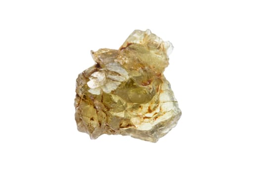 close up of sample of natural stone from geological collection - rough sinhalite crystal mineral isolated on white background
