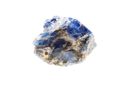 close up of sample of natural stone from geological collection - raw benitoite crystal mineral isolated on white background
